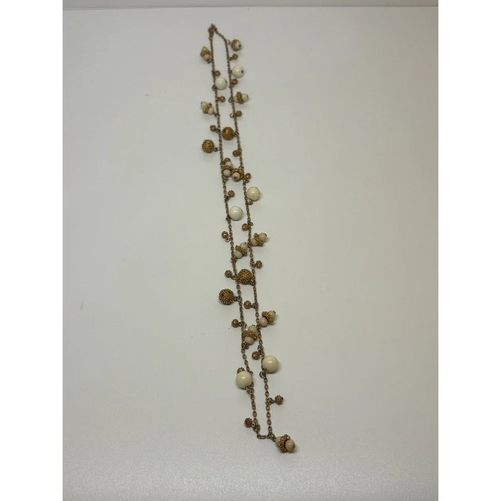 Gold Tone Station Necklace Cream Beads Textured Filigree Accents 30 Inch